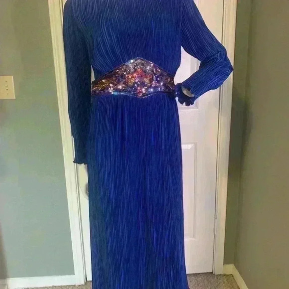 Nuit Vintage 80s Crepe Dress 10 Sequin Wasp Belt Blue Longsleeve Cocktail Formal - Picture 2 of 13